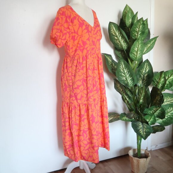 J.Crew Pink Orange Floral Print Cotton Midi Maxi Short Sleeve V-neck Dress 10 - Picture 4 of 14